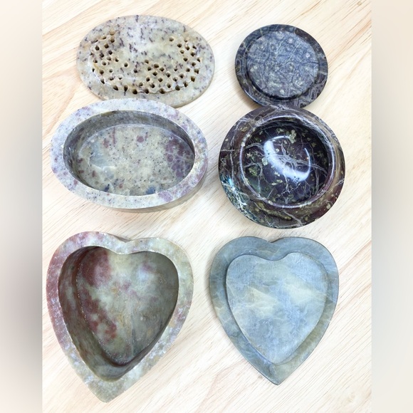 Vintage Stone Trinket Box Collection Mother Of Pearl Set 3 Soapstone Jewelry - Picture 3 of 6